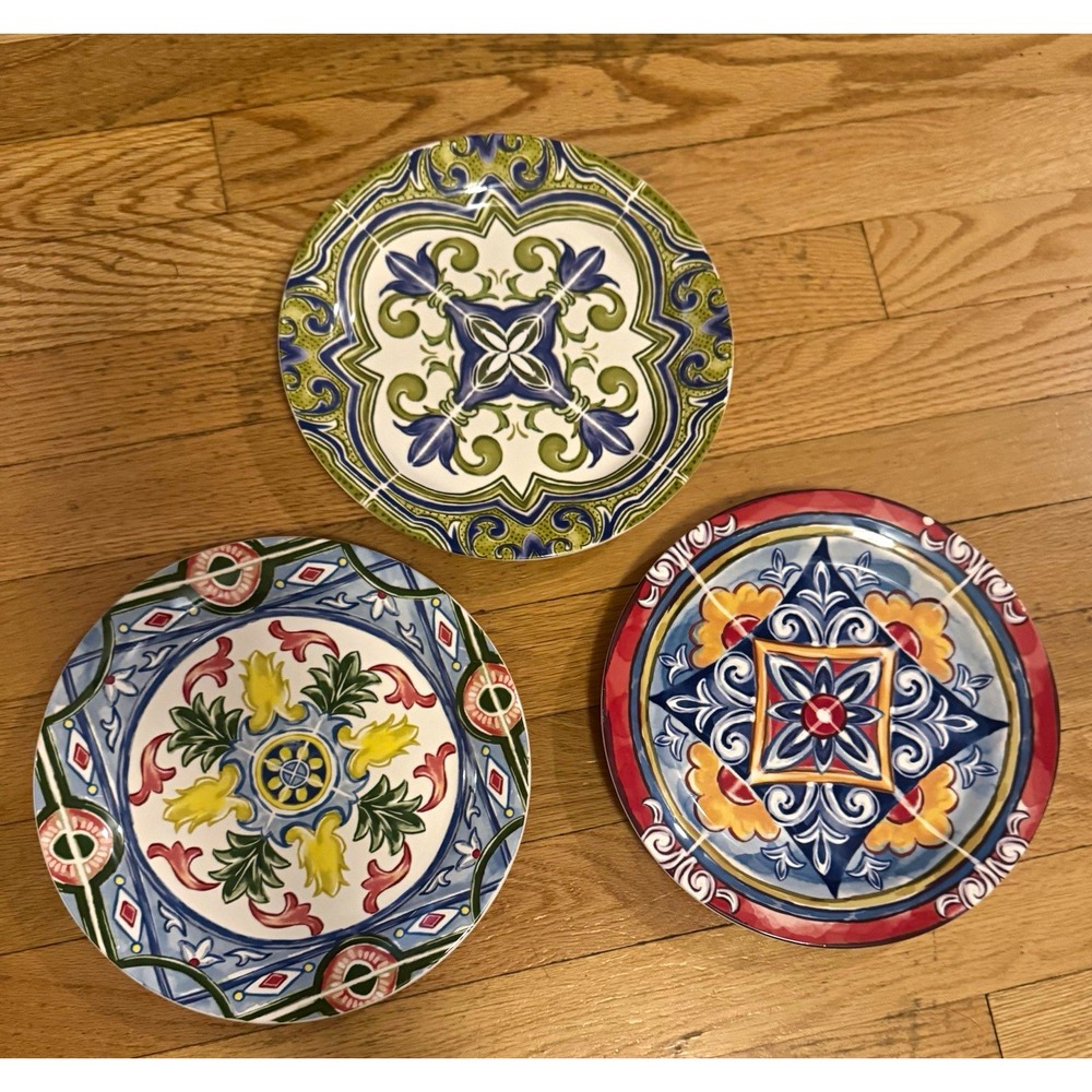Pier 1 Imports Ironstone Geometric Round Plates Multicolor Set of 3, 8.75"